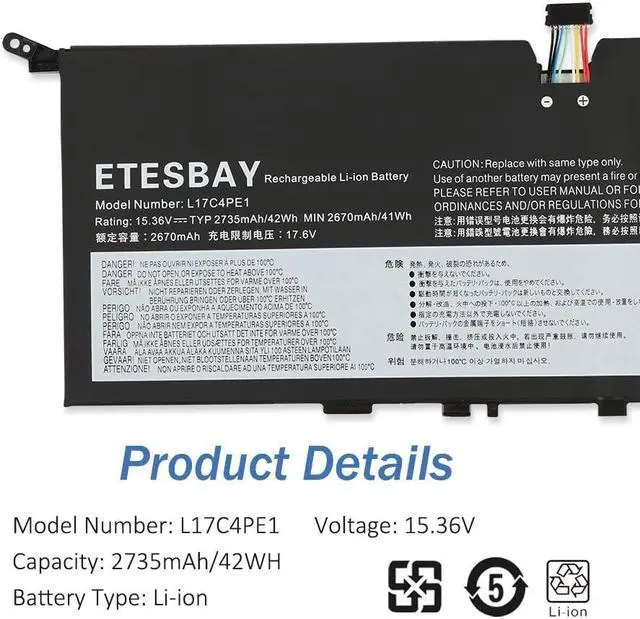 Alt view image 5 of 5 - ETESBAY L17C4PE1 Laptop Battery Compatible with Lenovo ideapad 730S-13IWL Yoga S730-13IWL S730-13IML Series L17M4PE1 L17S4PE1 5B10R32748 5B10R32749 5B10W67276 5B10W67274 15.36V 42Wh 4-Cell