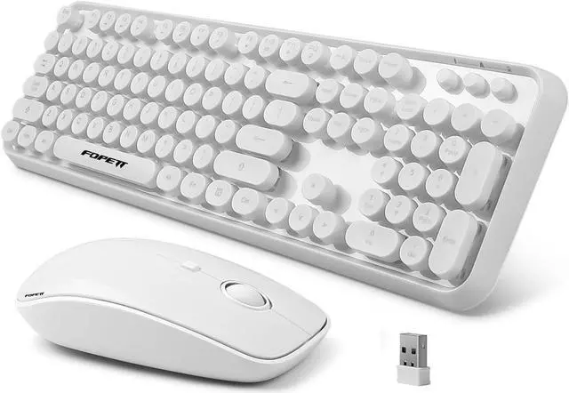 Main image of FOPETT Wireless Keyboard and Mouse Combo - 2.4G Full-Sized White Keyboard with Round Keycaps 104 Keys Typewriter Keyboard for Laptop/Windows/PC - White