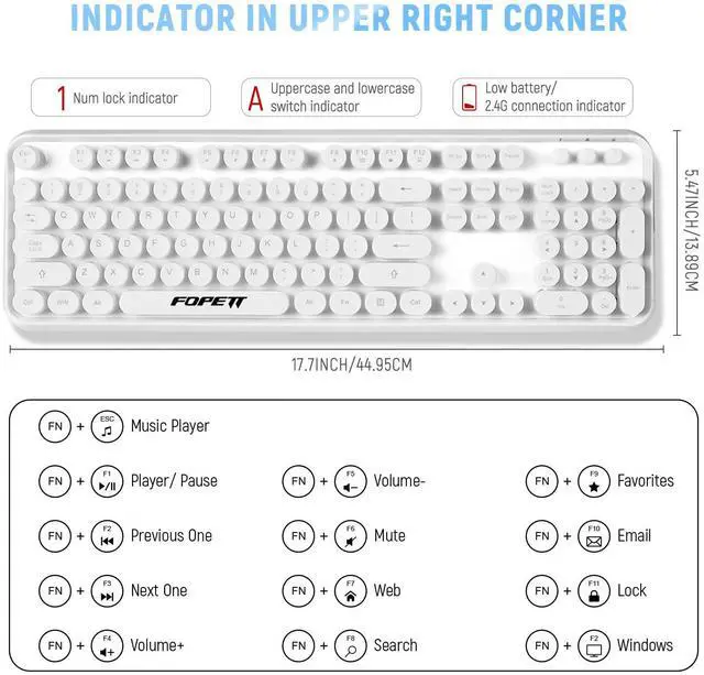 Alt view image 3 of 5 - FOPETT Wireless Keyboard and Mouse Combo - 2.4G Full-Sized White Keyboard with Round Keycaps 104 Keys Typewriter Keyboard for Laptop/Windows/PC - White