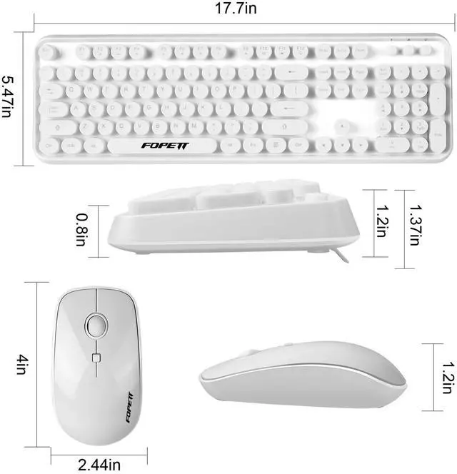 Alt view image 5 of 5 - FOPETT Wireless Keyboard and Mouse Combo - 2.4G Full-Sized White Keyboard with Round Keycaps 104 Keys Typewriter Keyboard for Laptop/Windows/PC - White