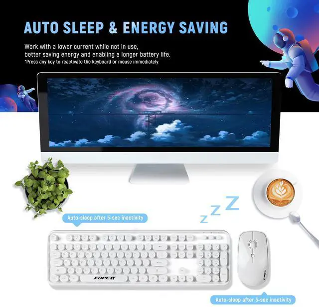 Alt view image 2 of 5 - FOPETT Wireless Keyboard and Mouse Combo - 2.4G Full-Sized White Keyboard with Round Keycaps 104 Keys Typewriter Keyboard for Laptop/Windows/PC - White
