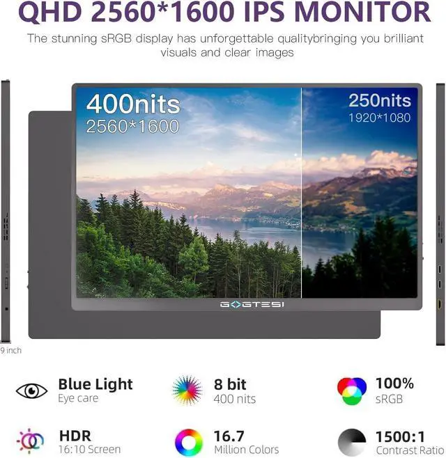 Alt view image 4 of 5 - gogtesi 16 Inch Portable Monitor, 2.5K 120HZ 2560x1600 Office Portable Monitor QHD IPS Ultra Bright Eye Care with Matte Screen for PC, MAC, Phone, Switch, PS, Xbox with USB-C & HDMI