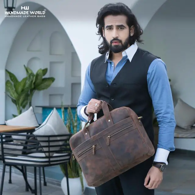 Alt view image 5 of 5 - Handmade World Leather Laptop Briefcase Bag For Men 'The Eminent' Fits 17 Inch Computer Messenger For Business Office Work Slim Bag