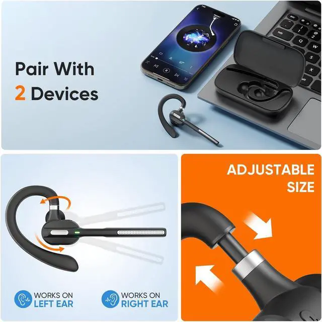 Alt view image 3 of 5 - Bluetooth Headset with Noise-Cancelling Mic, Wireless Earpiece with Carrying Case for PC/Laptop, Hands-Free Headset for Work, Meetings, MS Teams, Business