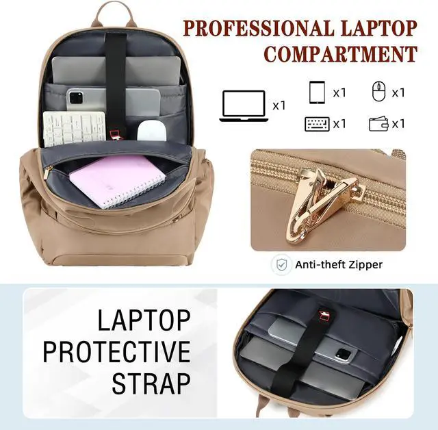 Alt view image 2 of 5 - Hidds Travel Laptop Backpack for Women 15.6 Inch Computer Backpacks with USB Charging Hole Anti Theft Carry on Bag College Bookbag Large Back Pack for Work Business Traveling Commuter Daypack-Coffee