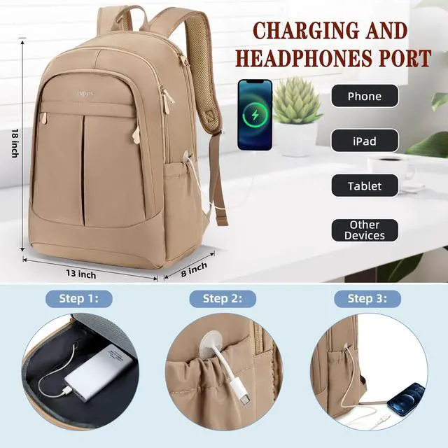 Alt view image 5 of 5 - Hidds Travel Laptop Backpack for Women 15.6 Inch Computer Backpacks with USB Charging Hole Anti Theft Carry on Bag College Bookbag Large Back Pack for Work Business Traveling Commuter Daypack-Coffee