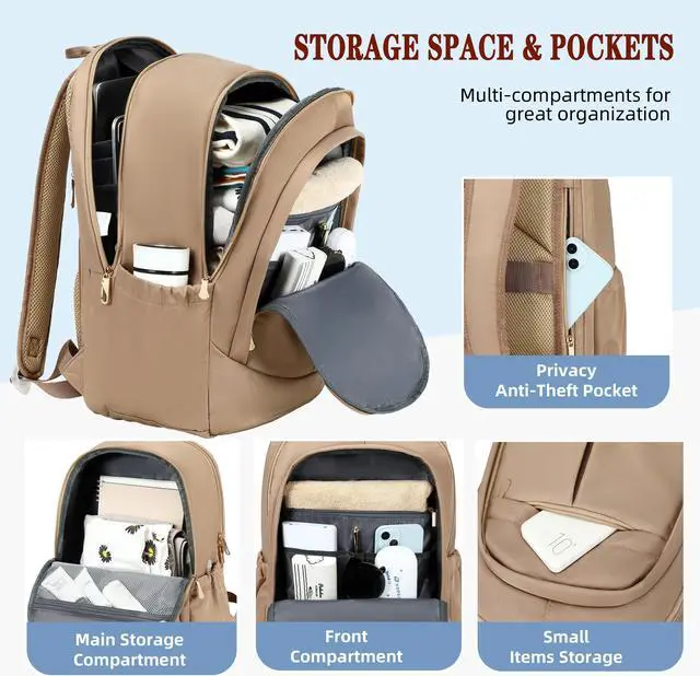 Alt view image 3 of 5 - Hidds Travel Laptop Backpack for Women 15.6 Inch Computer Backpacks with USB Charging Hole Anti Theft Carry on Bag College Bookbag Large Back Pack for Work Business Traveling Commuter Daypack-Coffee