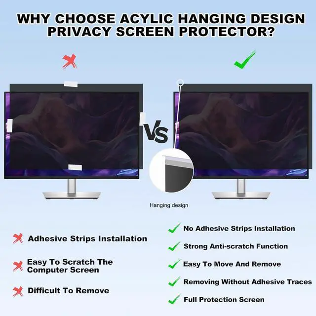 Alt view image 3 of 5 - Hoktods Acrylic Hanging Computer Privacy Screen Filter 24 Inch, Removable Privacy Shield Compatible with 16:9 Widescreen Monitor, Anti-Glare, Anti Blue Light Privacy Screen, Privacy Screen Protector