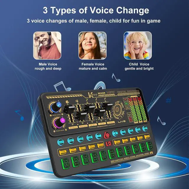 Alt view image 5 of 5 - Hosabely Audio Mixer With Effects, Live Sound Card with Volume Fader, Voice Changer, Sound Effects, LED Lights, for Karaoke, Streaming, Recording, Podcasting Sound Board for Kids, Gift, Gme, PS5