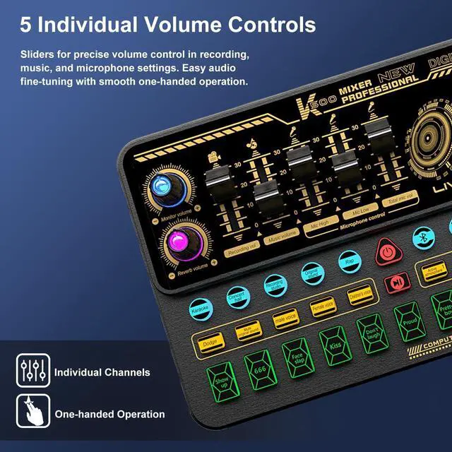 Alt view image 4 of 5 - Hosabely Audio Mixer With Effects, Live Sound Card with Volume Fader, Voice Changer, Sound Effects, LED Lights, for Karaoke, Streaming, Recording, Podcasting Sound Board for Kids, Gift, Gme, PS5