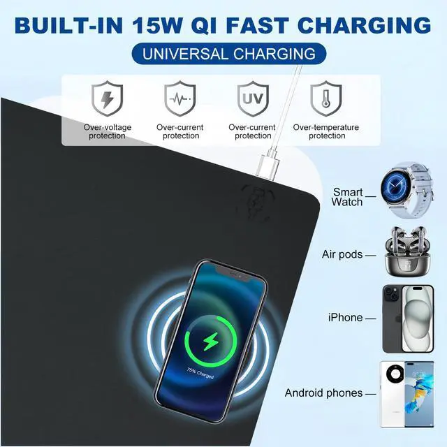 Alt view image 2 of 5 - Desk Mat with Wireless Charging, Black Mouse Pad with Wireless Charger, Desk Pad Desk Matt for Desktop, Mousepad Gaming Large Mouse Pad, Leather Computer Mouse Pad for Keyboard and Mouse, 32" x 16"