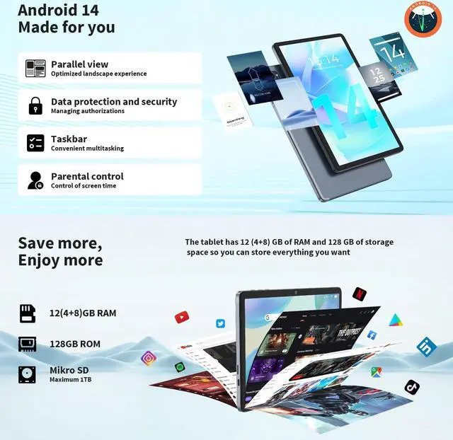 Alt view image 3 of 5 - JJGJ Android Tablet with Keyboard, 10 inch Android 14 Tablet, 12GB RAM+128 Storage(Expand to 1TB), Octa-Core, 2K 1920x 1200 Display, 13MP Dual Camera, 7000mAh, 5G/2.4G WiFi,GPS,Bluetooth 5.0(Green)