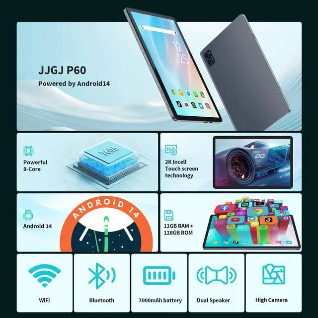 Alt view image 2 of 5 - JJGJ Android Tablet with Keyboard, 10 inch Android 14 Tablet, 12GB RAM+128 Storage(Expand to 1TB), Octa-Core, 2K 1920x 1200 Display, 13MP Dual Camera, 7000mAh, 5G/2.4G WiFi,GPS,Bluetooth 5.0(Green)