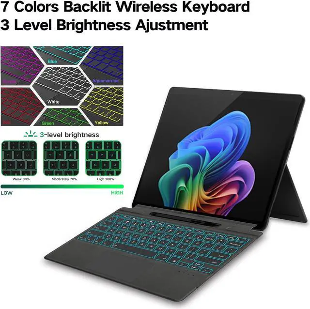 Alt view image 3 of 5 - JvKzaen Surface Pro 9 Keyboard with Slim Pen, Compatible with Microsoft Surface Pro 11 10 9 8 X, 13 Inch Bluetooth Wireless Backlit Type Cover with Slim Pen,Keyboard with Slim Pen,Black
