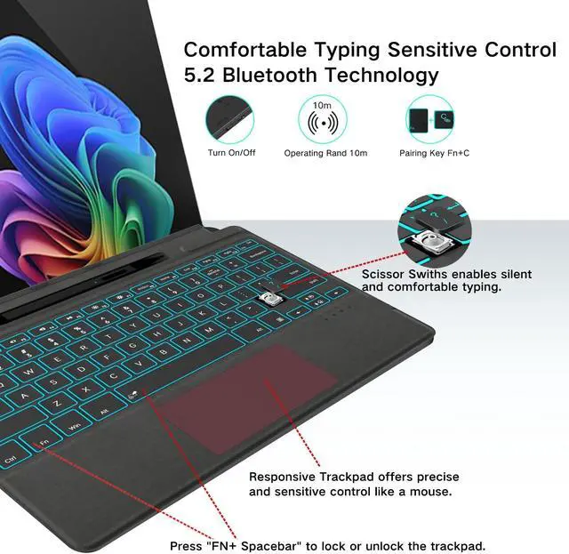 Alt view image 5 of 5 - JvKzaen Surface Pro 9 Keyboard with Slim Pen, Compatible with Microsoft Surface Pro 11 10 9 8 X, 13 Inch Bluetooth Wireless Backlit Type Cover with Slim Pen,Keyboard with Slim Pen,Black