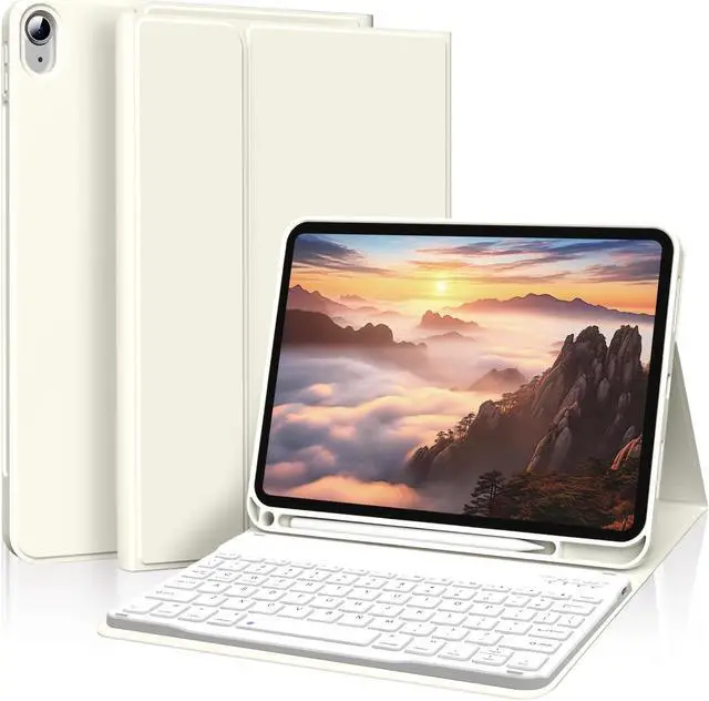 Main image of kenke for iPad 11/10th Gen Case with Keyboard 11/10.9 inch 2025 A16/2022, Detachable Wireless Bluetooth Keyboard Case with Left Side Pencil Holder, White Square Keycaps (Cream)