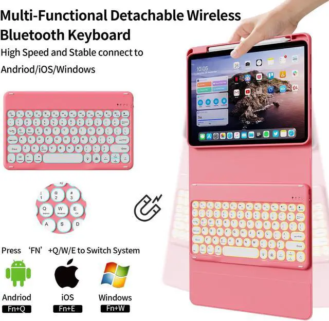 Alt view image 2 of 5 - kenke for iPad 10th Generation Case with Keyboard (10.9", 2022), 7 Color Backlight Round Cap, Wireless Detachable Keyboard Case with Pencil Holder for iPad 10th Model:A2696/A2757/A2777, Watermelon Red