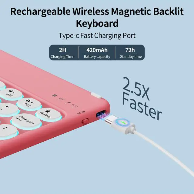 Alt view image 4 of 5 - kenke for iPad 10th Generation Case with Keyboard (10.9", 2022), 7 Color Backlight Round Cap, Wireless Detachable Keyboard Case with Pencil Holder for iPad 10th Model:A2696/A2757/A2777, Watermelon Red