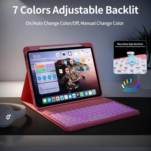 Alt view image 3 of 5 - kenke for iPad 10th Generation Case with Keyboard (10.9", 2022), 7 Color Backlight Round Cap, Wireless Detachable Keyboard Case with Pencil Holder for iPad 10th Model:A2696/A2757/A2777, Watermelon Red