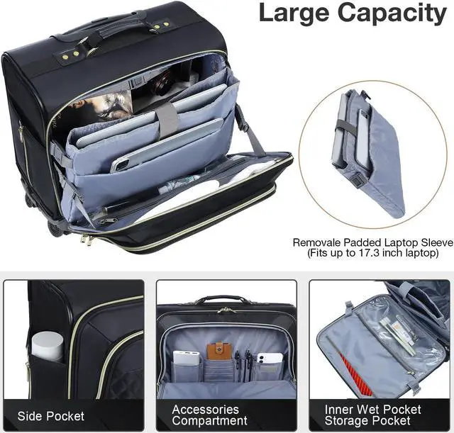 Alt view image 4 of 5 - Lekebobor Rolling Laptop Bag Rolling Laptop Briefcase on Wheels for Women/Men Fits Up to 17.3Inch computer Bags Water Resistant for Work Travel and Business, Black Quilted