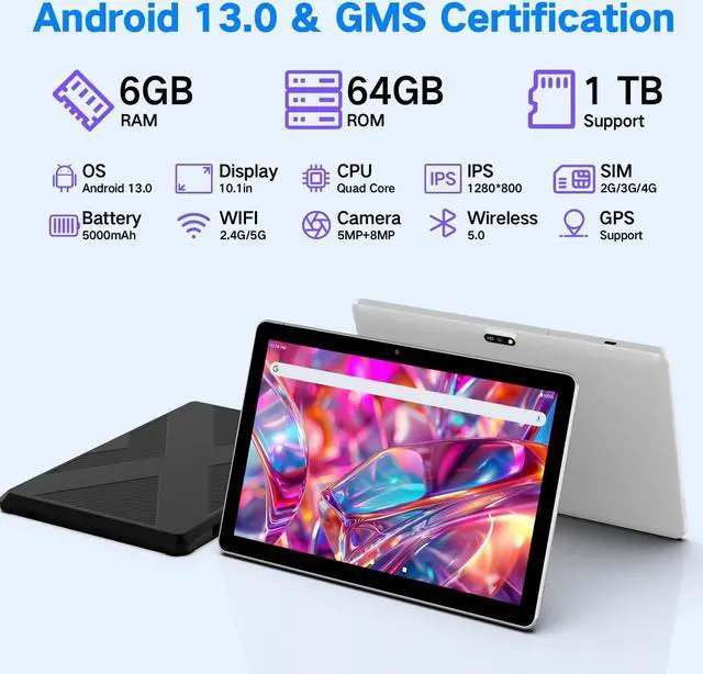 Alt view image 2 of 5 - Tablet 10.1 inch Android 13 Tablets, 2024 Cellular Tablets with SIM Card Slot, 6GB+64GB, Support 1TB Expand, Tablet with Case,1280x800 IPS, 5MP+8MP 5000mAh, Bluetooth GPS 5G Wifi Tablet (Silver)