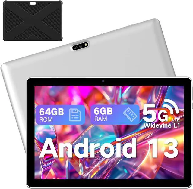 Main image of Tablet 10.1 inch Android 13 Tablets, 2024 Cellular Tablets with SIM Card Slot, 6GB+64GB, Support 1TB Expand, Tablet with Case,1280x800 IPS, 5MP+8MP 5000mAh, Bluetooth GPS 5G Wifi Tablet (Silver)