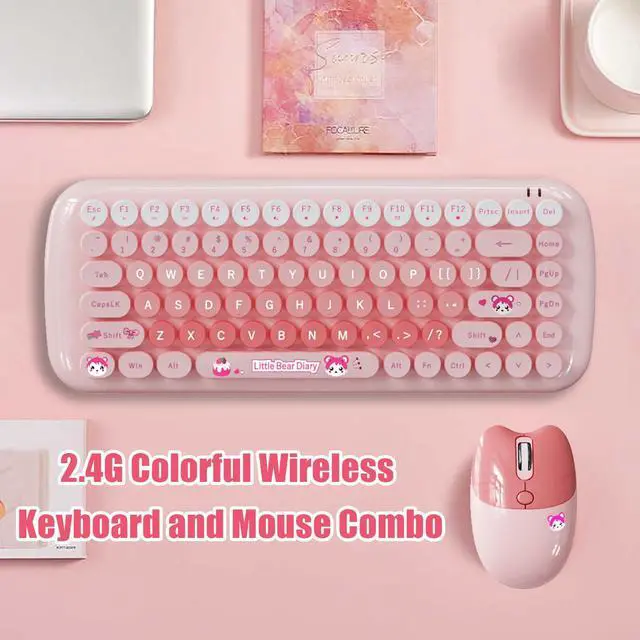Alt view image 2 of 5 - Cute Compact Wireless Keyboard and Mouse Combo, 84 Typewriter Style Candy Color Round Keys, Cat Shape Mouse, 2.4G Connectivity, Compatible with PC, Laptop (Pink)