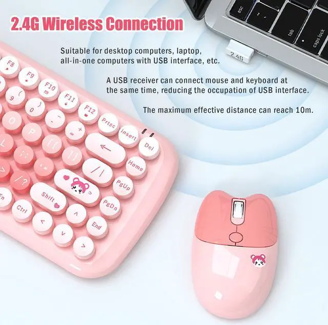 Alt view image 3 of 5 - Cute Compact Wireless Keyboard and Mouse Combo, 84 Typewriter Style Candy Color Round Keys, Cat Shape Mouse, 2.4G Connectivity, Compatible with PC, Laptop (Pink)