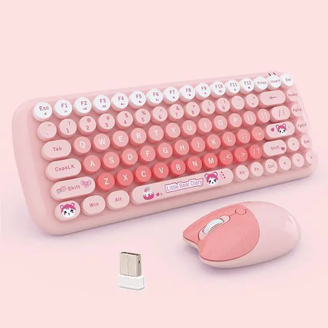 Main image of Cute Compact Wireless Keyboard and Mouse Combo, 84 Typewriter Style Candy Color Round Keys, Cat Shape Mouse, 2.4G Connectivity, Compatible with PC, Laptop (Pink)