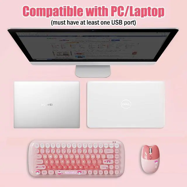 Alt view image 4 of 5 - Cute Compact Wireless Keyboard and Mouse Combo, 84 Typewriter Style Candy Color Round Keys, Cat Shape Mouse, 2.4G Connectivity, Compatible with PC, Laptop (Pink)