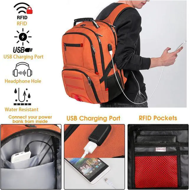 Alt view image 4 of 5 - Extra Large 50L Travel Laptop Backpack, Computer bag Backbag with USB Charging Port, TSA Friendly Durable Big RFID Heavy Duty Business Tech Backpack Fits 17 Inch Laptops for Men Women, Orange