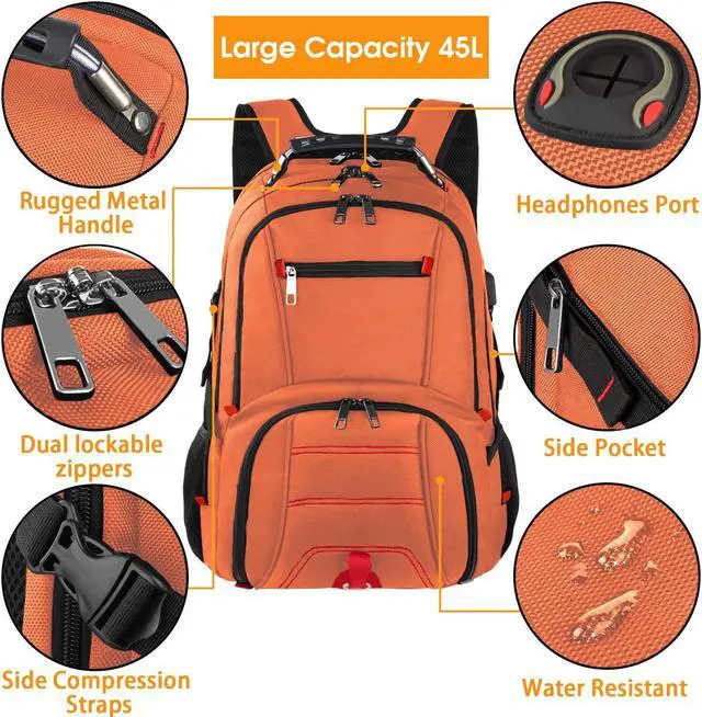Alt view image 5 of 5 - Extra Large 50L Travel Laptop Backpack, Computer bag Backbag with USB Charging Port, TSA Friendly Durable Big RFID Heavy Duty Business Tech Backpack Fits 17 Inch Laptops for Men Women, Orange