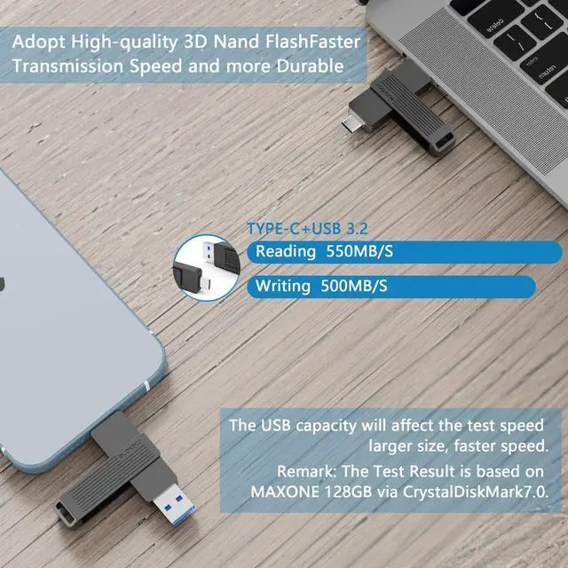 Alt view image 4 of 5 - Maxone External 512GB Portable Solid State Flash Drive, USB Type C Both 3.2 Tech - 2 in 1 Dual Drive Memory Stick Super Speed.Optimal Speeds Up to 600MB/s Read, 550MB/s Write.