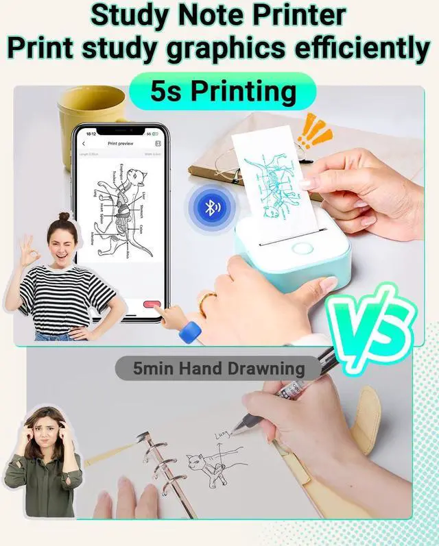 Alt view image 3 of 5 - Print Pods Mini Printer - T02 Sticker Printer Portable Thermal Printer Inkless Printer Sticker Maker Machine Pocket Printer Phone Printer for Study Graphic, Anatomical Diagram, Photo, Green
