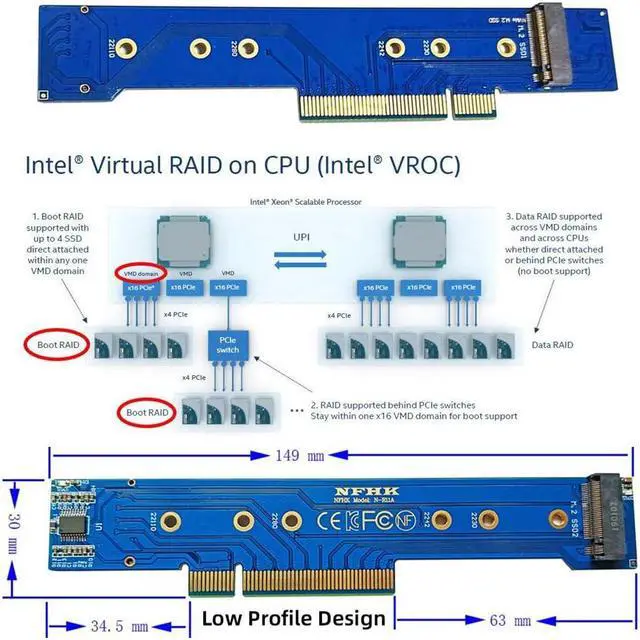 Alt view image 3 of 5 - NFHK Low Profile Dual 2X NVME M.2 SSD to PCIE Express Gen4 X8 X16 Raid Card VROC Raid0 Hyper Adapter