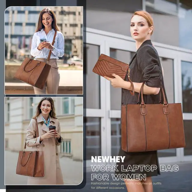 Alt view image 3 of 5 - NEWHEY Laptop Bag for Women 15.6 Inch Work Tote Bags Leather Computer Bag with Clutch Purse Professional Office Briefcase Waterproof Handbag Shoulder Bag for Business Travel College, Brown