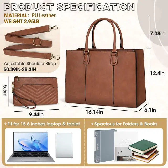 Alt view image 4 of 5 - NEWHEY Laptop Bag for Women 15.6 Inch Work Tote Bags Leather Computer Bag with Clutch Purse Professional Office Briefcase Waterproof Handbag Shoulder Bag for Business Travel College, Brown