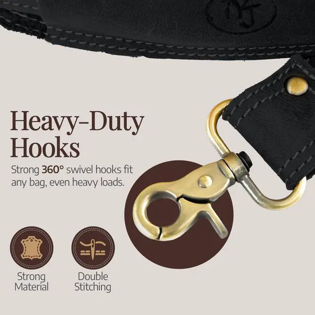 Alt view image 4 of 5 - NJ Leatherworks Leather Bag Strap, Adjustable Replacement Shoulder Strap with Universal Swivel Hooks for Messenger, Duffel, Laptop, Camera Bags or Purses (Black)