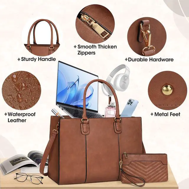Alt view image 5 of 5 - NEWHEY Laptop Bag for Women 15.6 Inch Work Tote Bags Leather Computer Bag with Clutch Purse Professional Office Briefcase Waterproof Handbag Shoulder Bag for Business Travel College, Brown
