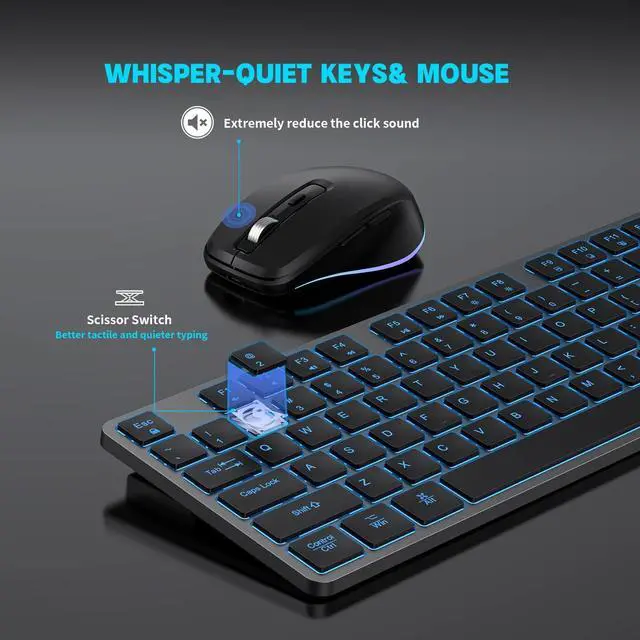 Alt view image 3 of 5 - Wireless Keyboard and Mouse, Rechargeable Bluetooth Key Board Mouse Combo, Jiggle,Slim Full Size Silent 7 Color Backlit 2.4G USB Keyboard for Windows/Mac/iMac/MacBook/Laptop/PC, Gray