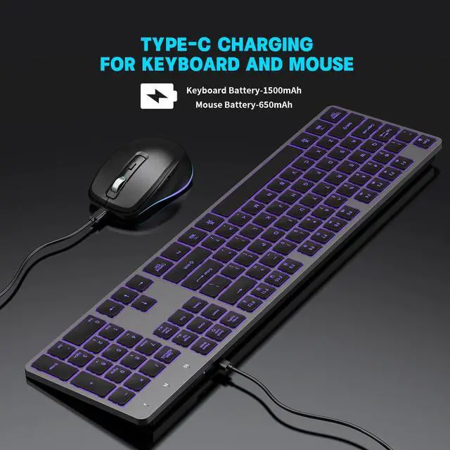 Alt view image 4 of 5 - Wireless Keyboard and Mouse, Rechargeable Bluetooth Key Board Mouse Combo, Jiggle,Slim Full Size Silent 7 Color Backlit 2.4G USB Keyboard for Windows/Mac/iMac/MacBook/Laptop/PC, Gray