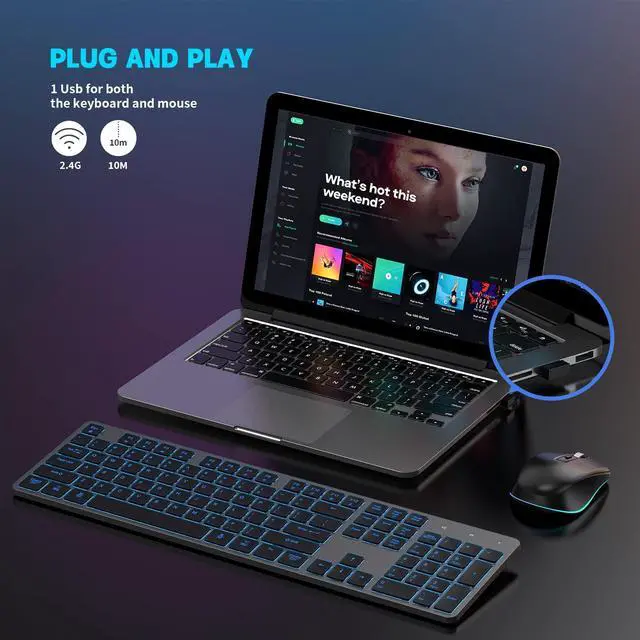 Alt view image 5 of 5 - Wireless Keyboard and Mouse, Rechargeable Bluetooth Key Board Mouse Combo, Jiggle,Slim Full Size Silent 7 Color Backlit 2.4G USB Keyboard for Windows/Mac/iMac/MacBook/Laptop/PC, Gray