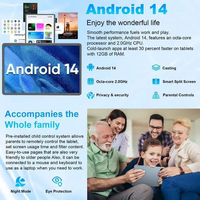 Alt view image 4 of 5 - Android 14 Tablet, 11 inch Tablet with Keyboard, 12GB+128GB, 1TB Expand, Octa-Core, 2.4G/5G WiFi, 8000mAh, BT V5.0, GMS Certified, IPS Touch Screen, GPS, 2 in 1 Tablet with Case, Mouse, Stylus(Black)