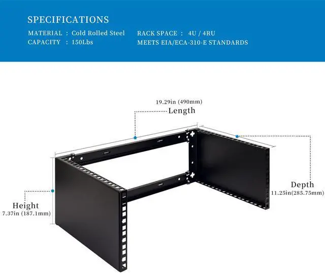 Alt view image 3 of 5 - RackPath 4U Wall Mount Network Rack - Patch Panel Bracket for Server and Network Equipment - 11.25 inch Deep - Heavy Duty 150lbs Capacity