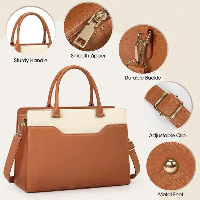 Alt view image 3 of 5 - Laptop Bag for Women 15.6 inch Laptop Tote Bag Waterproof Leather Work Bag Lightweight Laptop Briefcase Professional Women Business Office Bag Travel Handbag Shoulder Bag, Brown and White