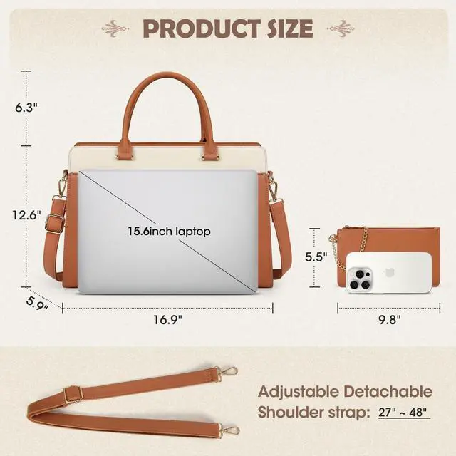 Alt view image 2 of 5 - Laptop Bag for Women 15.6 inch Laptop Tote Bag Waterproof Leather Work Bag Lightweight Laptop Briefcase Professional Women Business Office Bag Travel Handbag Shoulder Bag, Brown and White