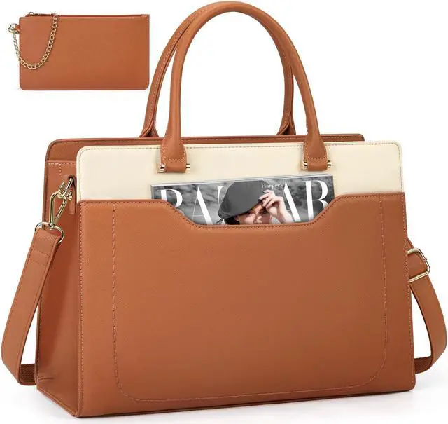 Main image of Laptop Bag for Women 15.6 inch Laptop Tote Bag Waterproof Leather Work Bag Lightweight Laptop Briefcase Professional Women Business Office Bag Travel Handbag Shoulder Bag, Brown and White