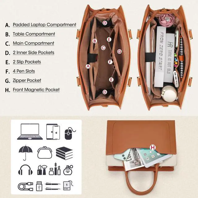 Alt view image 4 of 5 - Laptop Bag for Women 15.6 inch Laptop Tote Bag Waterproof Leather Work Bag Lightweight Laptop Briefcase Professional Women Business Office Bag Travel Handbag Shoulder Bag, Brown and White