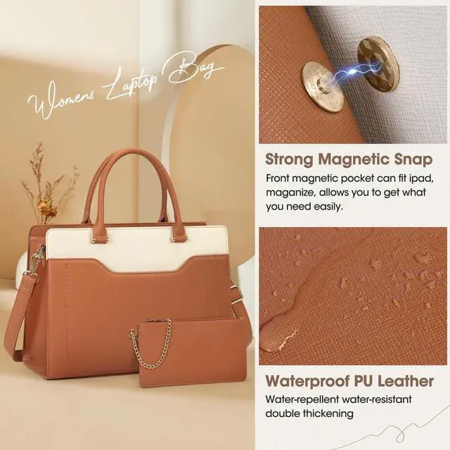 Alt view image 5 of 5 - Laptop Bag for Women 15.6 inch Laptop Tote Bag Waterproof Leather Work Bag Lightweight Laptop Briefcase Professional Women Business Office Bag Travel Handbag Shoulder Bag, Brown and White