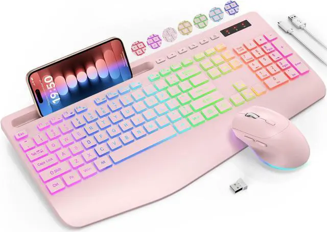 Main image of Wireless Keyboard and Mouse Combo, 9 Backlit Effects, Wrist Rest, Phone Holder, 2.4G Lag-Free Ergonomic Keyboards, Rechargeable Silent Cordless Set for Computer, Laptop, Mac, Windows -SABLUTE(Pink)